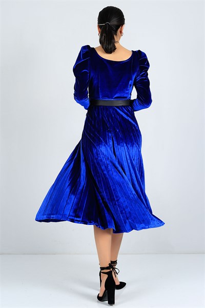 Kadife Kemer Detaylı Saks Mavisi Elbise 23543B