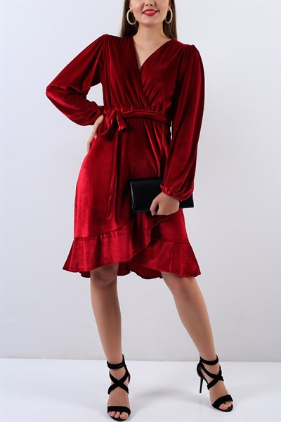 Kadife Kemerli Kırmızı Elbise 19230B