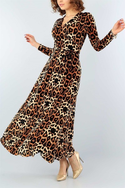 Kadife Kemerli Leopar Desenli Elbise 44100