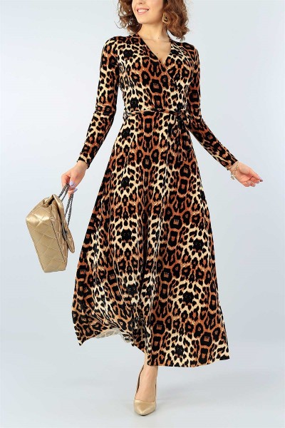 Kadife Kemerli Leopar Desenli Elbise 44100