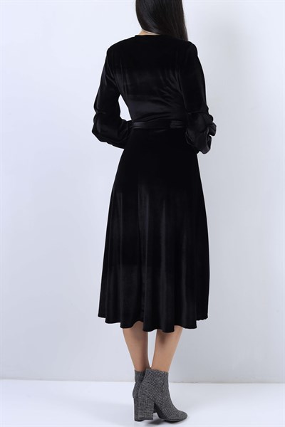 Kadife Kruvaze Yaka Siyah Elbise 21020B