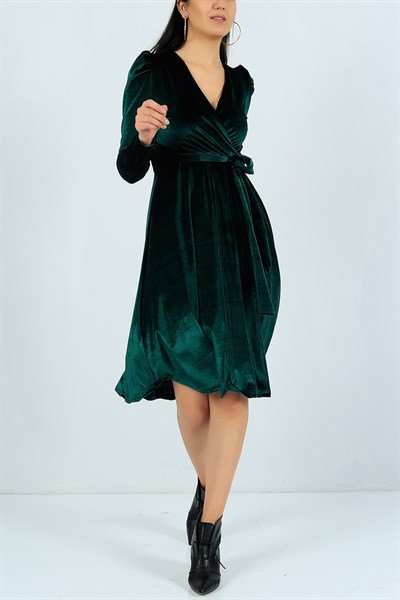 Kadife Kruvaze Yaka Yeşil Elbise 24056B