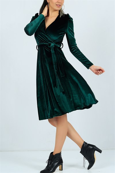 Kadife Kruvaze Yaka Yeşil Elbise 24056B