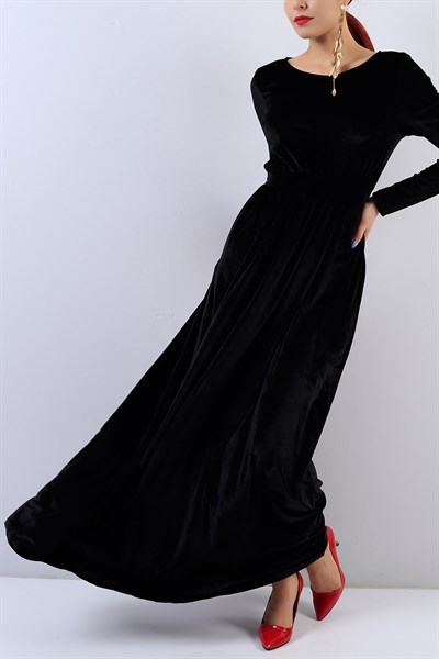 Kadife Kumaş Beli Lastikli Siyah Elbise 18553B