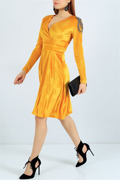 Kadife Omuz Apoletli Hardal Elbise 23910B