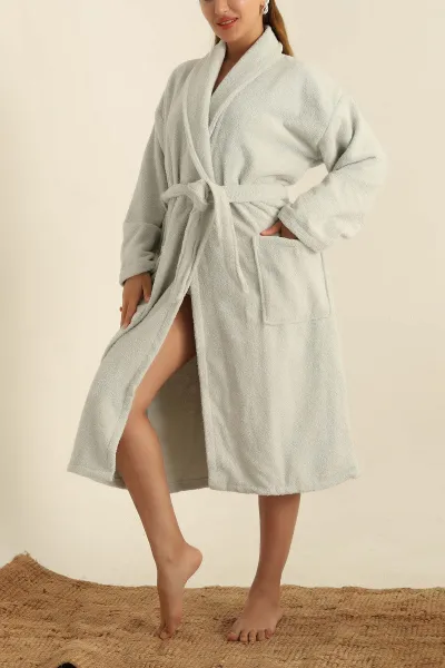 Unisex Su Yeşili Cep Detaylı Pamuklu Bornoz 279887