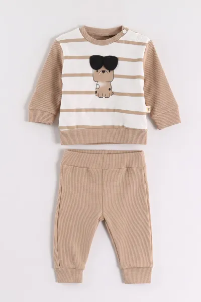 Kahve (0-12 Ay)Köpek Baskılı Erkek Bebek 2'li Takım 473098