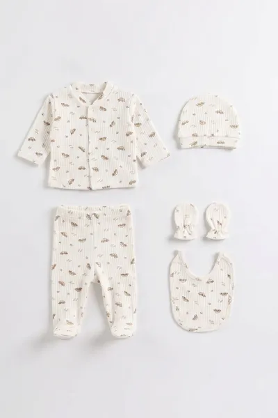 Kahve (0-3 Ay)  Araba Desenli Raporlu 5'li Erkek Bebek Zıbın Seti 475617