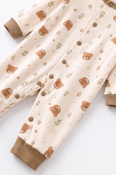 Kahve (0-3 Ay) Ayıcık  Baskılı  Şapkalı Penye 2'li Erkek Bebek Tulum 500358