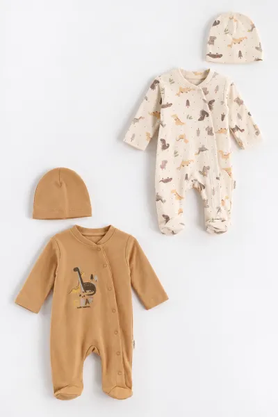 Kahve (0-3 Ay) Dinazor Baskılı   Patikli  2'li Erkek Bebek Tulum 486919