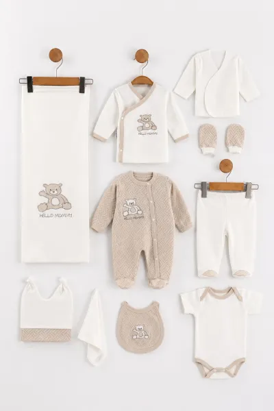 Kahve (0-3 Ay) Hello Momy  Nakışlı Kutulu 10'lu Yeni Doğan Kız Bebek Hastane Çıkış ve Zıbın Seti 475483