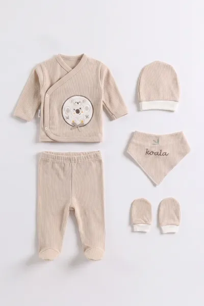 Kahve (0-3 Ay) Koala Nakışlı Yeni Doğan 5'li Bebek Zıbın Seti 475365
