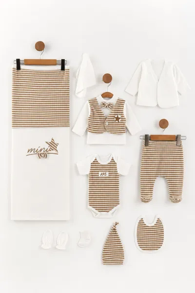 Kahve (0-3 Ay) Raporlu Çizgili  Nakışlı 10'lu  Bebek Zıbın Seti 475462