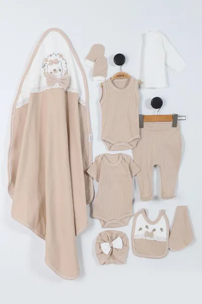 Kahve (0-3 Ay) Süslü Fiyonklu Ayı Nakışlı  Yenidoğan Kız Bebek 10'lu Zıbın ve Hastane Çıkış Setleri 428209