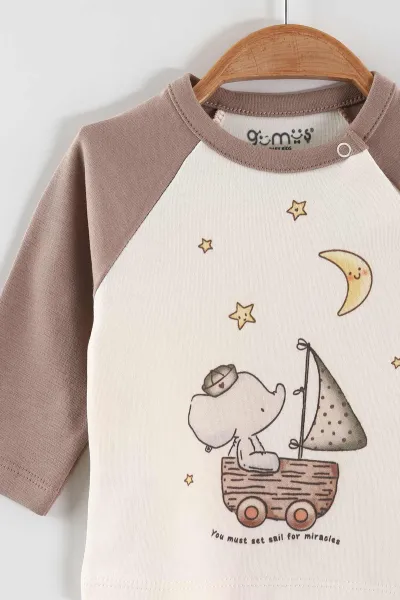 Kahve (0-3 Ay) Yelkenli Fil Baskılı  Patikli Erkek Bebek 3'lü Zıbın Takım 453729