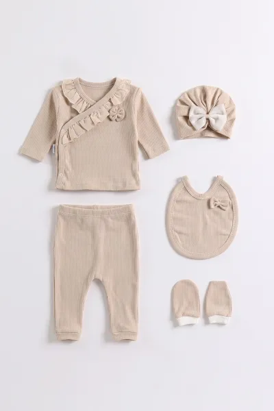 Kahve (0-3 Ay)Fiyonklu ve Dantelli Raporlu Yeni Doğan 5'li Kız Bebek Zıbın Seti 475371