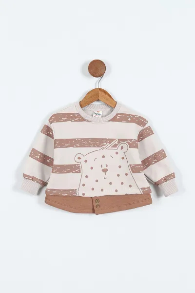Kahve (0-4 Yaş) Çizgili Hayvan Baskılı 3 İp Şardonlu Erkek Çocuk Sweatshirt 417552