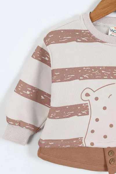 Kahve (0-4 Yaş) Çizgili Hayvan Baskılı 3 İp Şardonlu Erkek Çocuk Sweatshirt 417552
