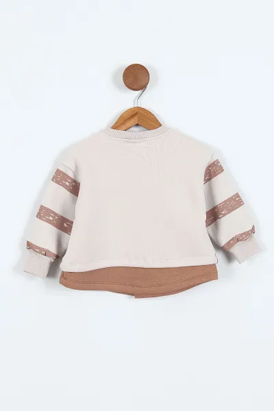 Kahve (0-4 Yaş) Çizgili Hayvan Baskılı 3 İp Şardonlu Erkek Çocuk Sweatshirt 417552