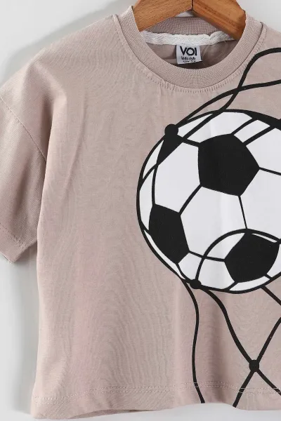 Kahve (0-4 Yaş) Futbol Topu Baskılı Tişörtlü Şortlu Süprem Erkek Çocuk Yazlık Takım 457379
