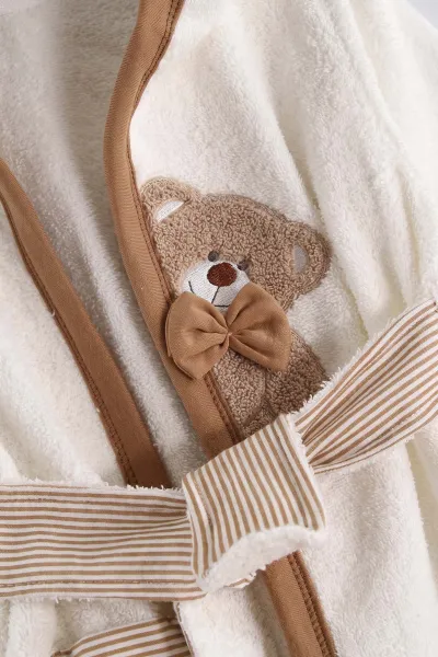 Kahve (0-6 Ay)  4 Parça Ayıcık Nakışlı Erkek  Bebek Kutulu  Bornoz Seti 476643