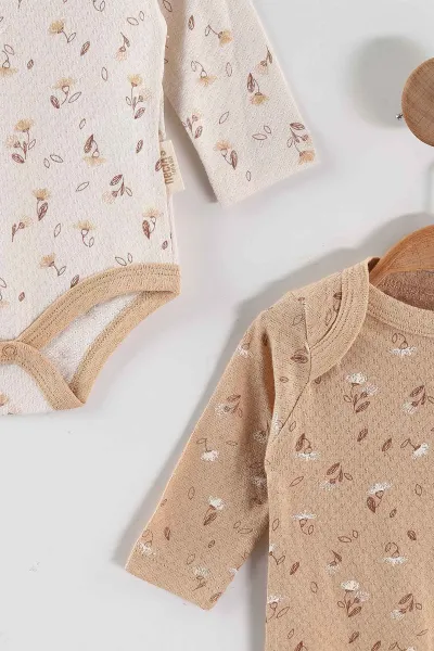Kahve (0-6 Ay) Çiçek Baskılı Uzun Kol 3'lü Kız Bebek Çıtçıtlı Badi 469240