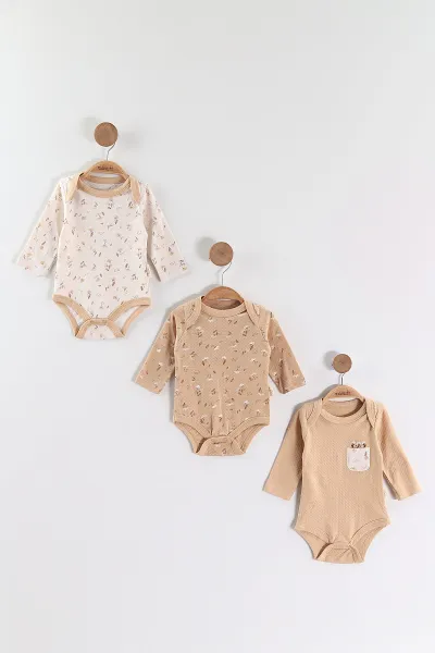 Kahve (0-6 Ay) Çiçek Baskılı Uzun Kol 3'lü Kız Bebek Çıtçıtlı Badi 469240