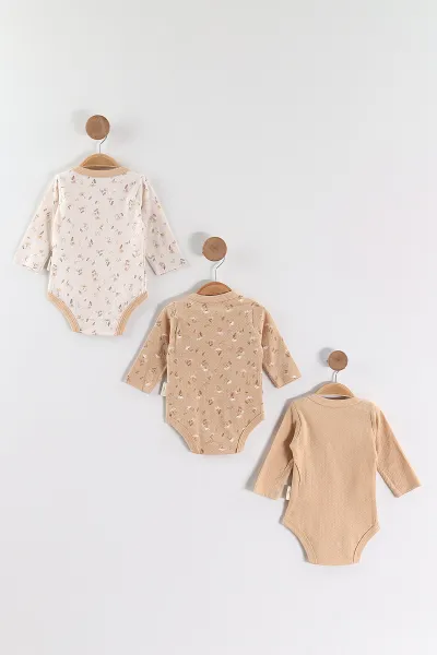 Kahve (0-6 Ay) Çiçek Baskılı Uzun Kol 3'lü Kız Bebek Çıtçıtlı Badi 469240