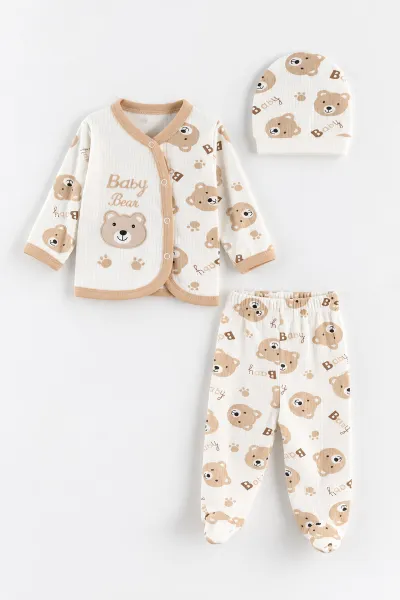 Kahve (0-6 Ay) Koala Baskılı Patikli Şapkalı Raporlu Bebek Zıbın Seti 500373