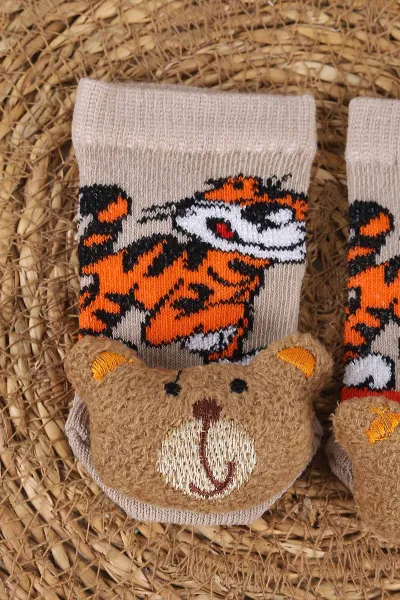 Kahve (0-6 Ay) Nakış Oyuncaklı Erkek Bebek Çorap 467461