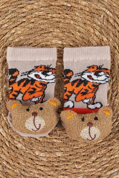 Kahve (0-6 Ay) Nakış Oyuncaklı Erkek Bebek Çorap 467461