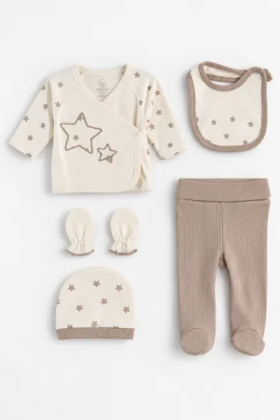 Kahve (0-6 Ay) Yıldız Nakışlı 5'li Erkek  Bebek Zıbın Seti 485341