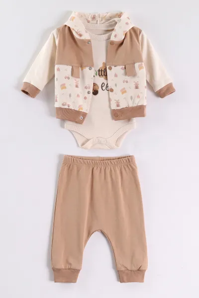 Kahve (0-9 Ay)  Araba Nakışlı Kapüşonlu Çıtçıtlı Hırkalı 3'lü Erkek Bebe Takım 475940