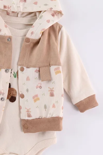 Kahve (0-9 Ay)  Araba Nakışlı Kapüşonlu Çıtçıtlı Hırkalı 3'lü Erkek Bebe Takım 475940