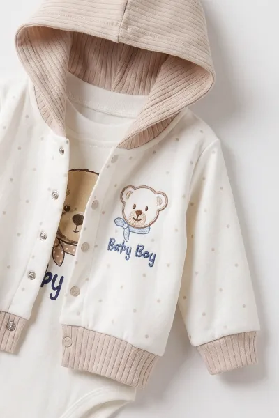 Kahve (0-9 Ay) Ayıcık Baskılı Kapüşonlu Hırkalı Erkek Bebek 3'lü Takım 475996