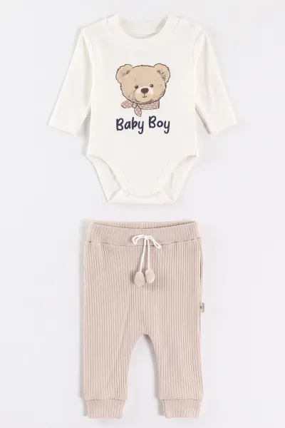 Kahve (0-9 Ay) Ayıcık Baskılı Kapüşonlu Hırkalı Erkek Bebek 3'lü Takım 475996