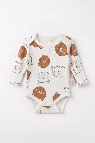 Kahve (0-9 Ay )  Ayıcık Kafası Desenli  Uzun Kollu    Bebek & Çocuk Çıtçıtlı Badi 480353