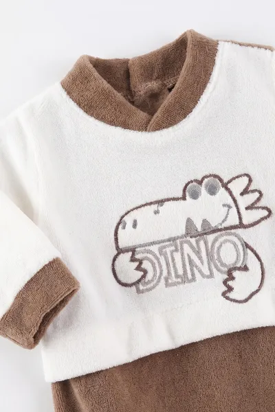 Kahve (0-9 Ay) Dinozor Nakışlı Patikli Şapkalı Kadife Erkek Bebek Tulum 497890