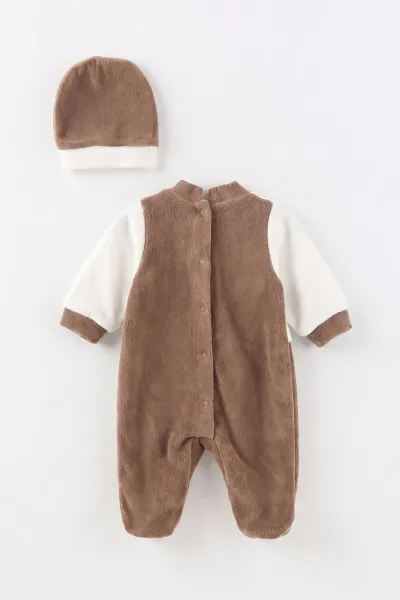Kahve (0-9 Ay) Dinozor Nakışlı Patikli Şapkalı Kadife Erkek Bebek Tulum 497890