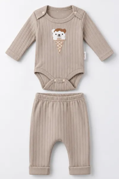 Kahve (0-9 Ay) Külahta Ayıcık Nakışlı Raporlu Erkek Bebek Takım 480457