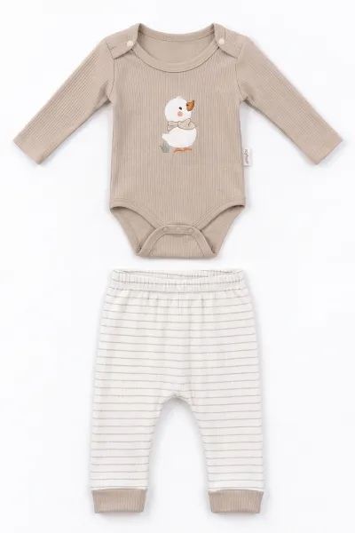 Kahve (0-9 Ay) Ördek Nakışlı Raporlu Erkek Bebek Takım 480453