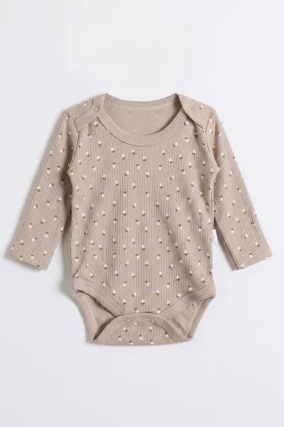 Kahve (0-9 Ay )Raporlu Çiçek Desenli  Uzun Kollu Kız    Bebek & Çocuk Çıtçıtlı Badi 480377
