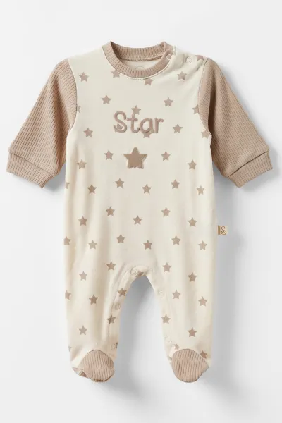 Kahve (0-9 Ay) Star Baskılı Patikli Erkek Bebek Tulum 485322