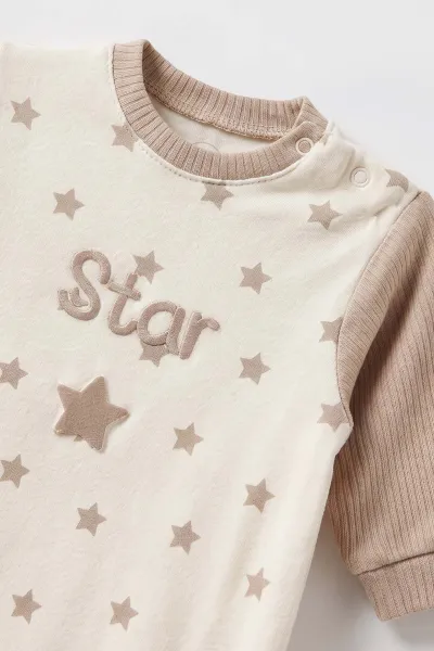 Kahve (0-9 Ay) Star Baskılı Patikli Erkek Bebek Tulum 485322
