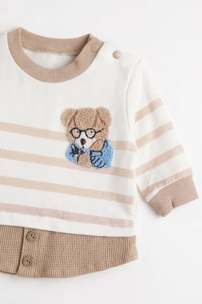 Kahve (0-9 Ay) Süzene Ayıcık Nakışlı Alt Waffle Erkek Bebek 2'li Takım 477011