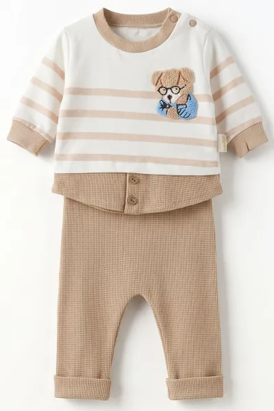 Kahve (0-9 Ay) Süzene Ayıcık Nakışlı Alt Waffle Erkek Bebek 2'li Takım 477011
