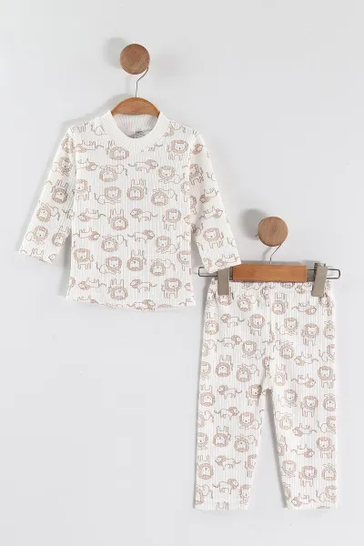 Kahve (1-3 Yaş) Aslan Desenli Raporlu Çocuk Pijama Takım 459402