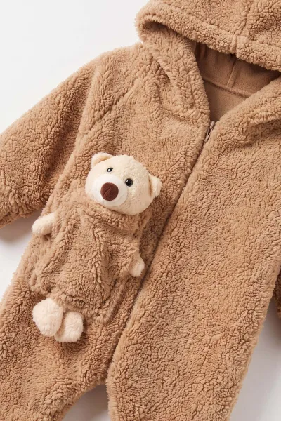 Kahve (1-3 Yaş) Ayı Oyuncaklı Kapüşonlu Unisex Çocuk&Bebek Peluş  Tulum 495649