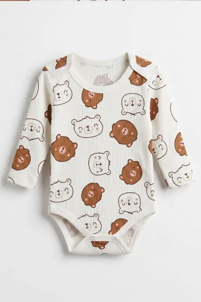 Kahve (1-3 Yaş) Ayıcık  Kafası Baskılı   Uzun Kollu  Erkek Bebek & Çocuk Çıtçıtlı Badi 480321