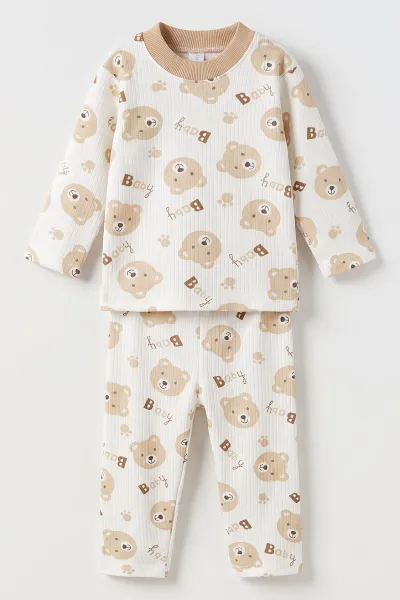 Kahve (1-3 Yaş) Baby Baskılı Raporlu Çocuk Pijama Takım 500371